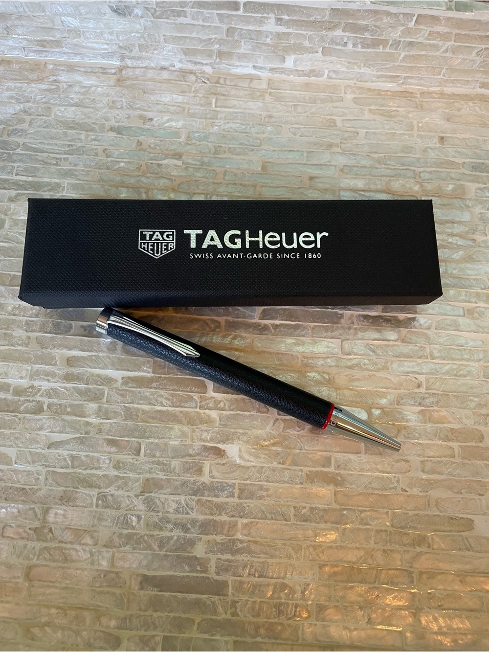 Tag Heuer Black Leather & Silver Ballpoint Pen with Red Trim